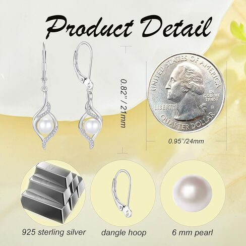 Pearl Dangle Drop Earrings for Women 925 Sterling Silver Infinity Leverback Earrings with 6MM White Pearl Jewelry in Saudi Arabia