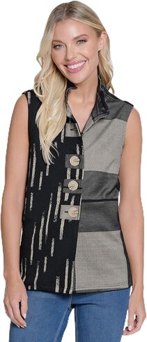 Ali Miles womens Jacquard Knit Button Front Vest Wire Collar Side Pockets in Saudi Arabia