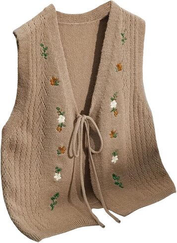 OYOANGLE Women's Floral Embroidered Tie Front Sweater Vest V Neck Sleeveless Knitted Tank Tops in Saudi Arabia