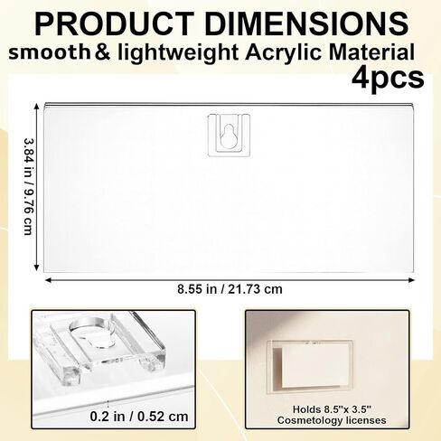 Amyhill 4 قطع إطار ترخيص عمل من الأكريليك الشفاف لإطار ترخيص مستحضرات التجميل على الحائط 8.55 × 3.84 × 0.2 بوصة مع مشبك تعليق من الأكريليك حامل شهادة العرض لصالونات التجميل والمكاتب in Kuwait