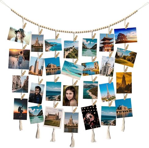 Hanging Photo Display Wall Decor, Macrame Wall Hanging Boho Room Bedroom Decor, Boho Wooden Beads Garland Collage Picture Card Frame Holder with 40 Clips for Bedroom Living Room Dorm, Tapestry in Saudi Arabia