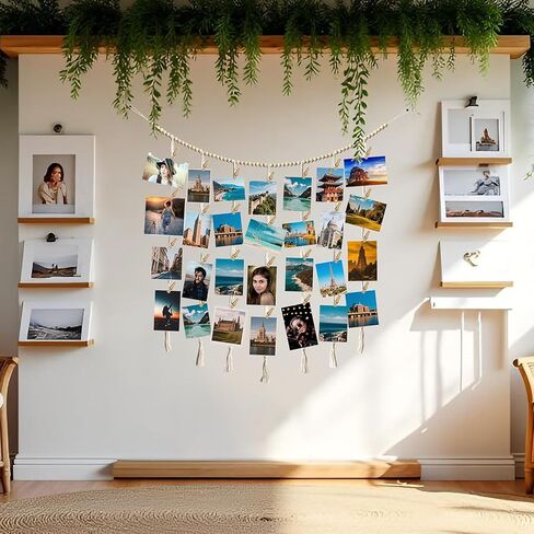 Hanging Photo Display Wall Decor, Macrame Wall Hanging Boho Room Bedroom Decor, Boho Wooden Beads Garland Collage Picture Card Frame Holder with 40 Clips for Bedroom Living Room Dorm, Tapestry in Saudi Arabia