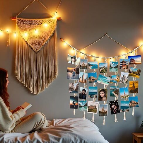 Hanging Photo Display Wall Decor, Macrame Wall Hanging Boho Room Bedroom Decor, Boho Wooden Beads Garland Collage Picture Card Frame Holder with 40 Clips for Bedroom Living Room Dorm, Tapestry in Saudi Arabia