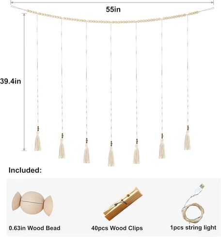 Hanging Photo Display Wall Decor, Macrame Wall Hanging Boho Room Bedroom Decor, Boho Wooden Beads Garland Collage Picture Card Frame Holder with 40 Clips for Bedroom Living Room Dorm, Tapestry in Saudi Arabia