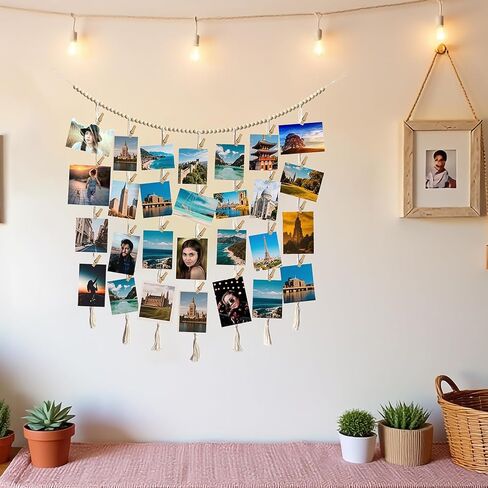 Hanging Photo Display Wall Decor, Macrame Wall Hanging Boho Room Bedroom Decor, Boho Wooden Beads Garland Collage Picture Card Frame Holder with 40 Clips for Bedroom Living Room Dorm, Tapestry in Saudi Arabia