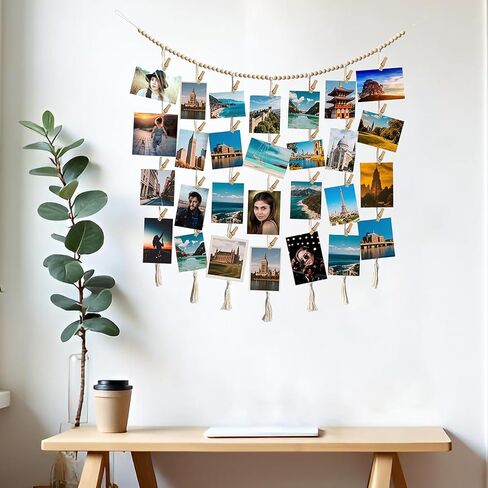 Hanging Photo Display Wall Decor, Macrame Wall Hanging Boho Room Bedroom Decor, Boho Wooden Beads Garland Collage Picture Card Frame Holder with 40 Clips for Bedroom Living Room Dorm, Tapestry in Saudi Arabia