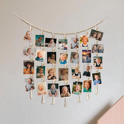 Hanging Photo Display Wall Decor, Macrame Wall Hanging Boho Room Bedroom Decor, Boho Wooden Beads Garland Collage Picture Card Frame Holder with 40 Clips for Bedroom Living Room Dorm, Tapestry in Saudi Arabia
