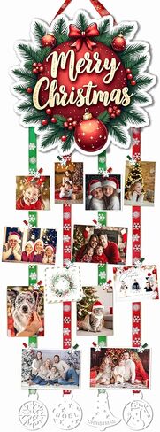 Buecasa Merry Christmas Home Wall Card عرض الصورة مع 4 قطع من الأشرطة، 4 قطع من المعلقات و30 قطعة من مشابك ندفة الثلج - لوحة حامل صور دائرية خشبية لعيد الميلاد بقطر 12.8 بوصة in Kuwait