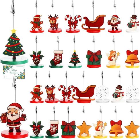 28 Pcs Christmas Wood Place Card Holders Stand with Alligator Clip for Photos Christmas Table Number Holder Santa Snowman Elk Number Name Photo Clip Holder for Xmas Party Table Decoration in Kuwait