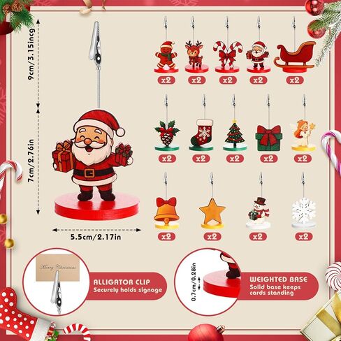 28 Pcs Christmas Wood Place Card Holders Stand with Alligator Clip for Photos Christmas Table Number Holder Santa Snowman Elk Number Name Photo Clip Holder for Xmas Party Table Decoration in Kuwait