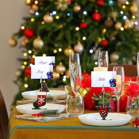 28 Pcs Christmas Wood Place Card Holders Stand with Alligator Clip for Photos Christmas Table Number Holder Santa Snowman Elk Number Name Photo Clip Holder for Xmas Party Table Decoration in Kuwait