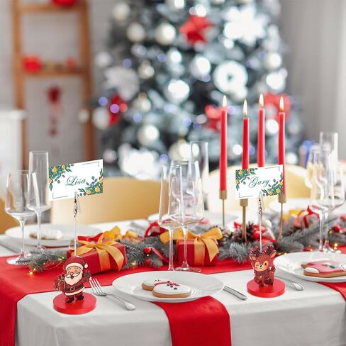 28 Pcs Christmas Wood Place Card Holders Stand with Alligator Clip for Photos Christmas Table Number Holder Santa Snowman Elk Number Name Photo Clip Holder for Xmas Party Table Decoration in Kuwait