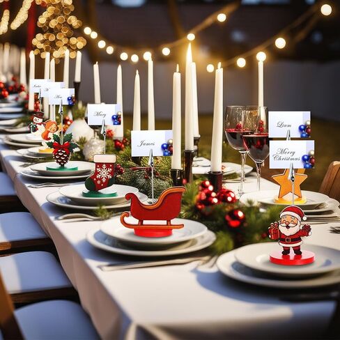 28 Pcs Christmas Wood Place Card Holders Stand with Alligator Clip for Photos Christmas Table Number Holder Santa Snowman Elk Number Name Photo Clip Holder for Xmas Party Table Decoration in Kuwait