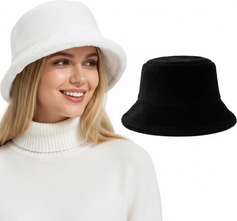 2 Pack Winter Faux Fur Bucket Hats for Women Men, Warm Fluffy Fisherman Caps with Wide Brim Adjustable Drawstring in Saudi Arabia