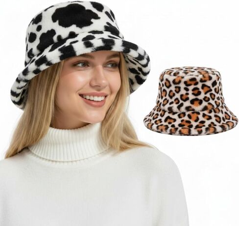 2 Pack Winter Faux Fur Bucket Hats for Women Men, Warm Fluffy Fisherman Caps with Wide Brim Adjustable Drawstring in Saudi Arabia