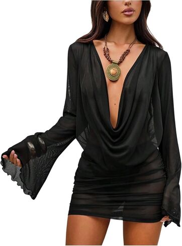 SOLY HUX Women's Draped Sheer Mesh Beach Mini Dress Deep V Neck Bell Long Sleeve Swimsuit Cover Up Beachwear in Saudi Arabia