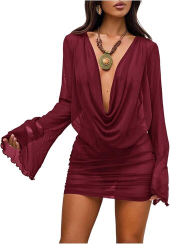 SOLY HUX Women's Draped Sheer Mesh Beach Mini Dress Deep V Neck Bell Long Sleeve Swimsuit Cover Up Beachwear in Saudi Arabia