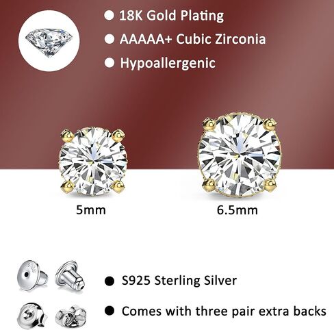 18K Gold Plated Sterling Silver Cubic Zirconia Stud Earrings for Women Men, Simulated Diamond CZ Studs Hypoallergenic Jewelry for Women Men in Saudi Arabia