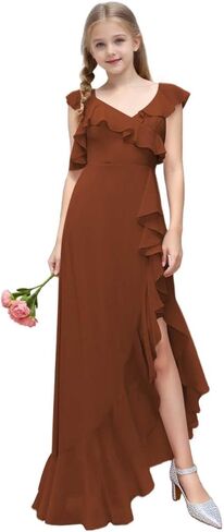 Junior Girls Bridesmaid Dress Split for Teens V Neck Ruffle Chiffon Flower Girl Formal Dresses for Wedding in Kuwait