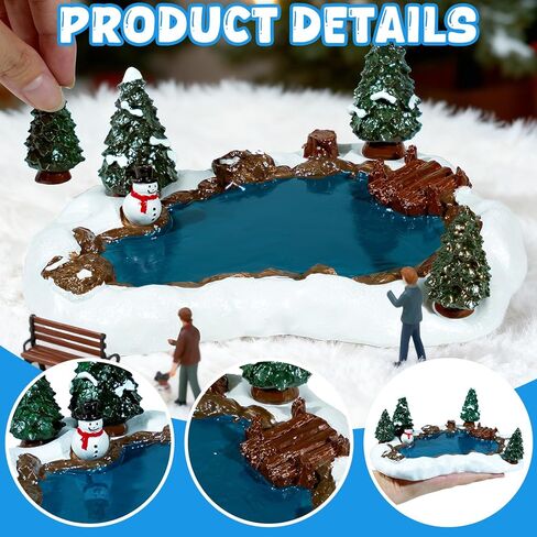 Christmas Village Accessories Winter Pond Set Resin Ice Skating Pond Ornament Miniature Winter Village Lake with Mini Snowman Snow Pines for Christmas Town Landscape,7.48 Inch in Saudi Arabia