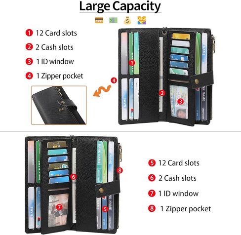 Women's Large Capacity Long Wallet Genuine Leather RFID Blocking with Zipper Pocket and Wristlet (Black) in Saudi Arabia