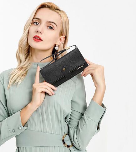 Women's Large Capacity Long Wallet Genuine Leather RFID Blocking with Zipper Pocket and Wristlet (Black) in Saudi Arabia