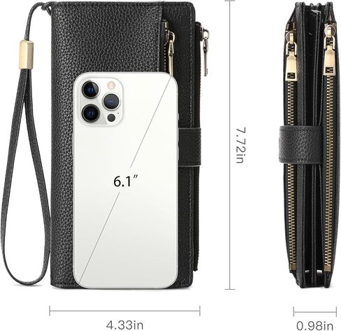 Women's Large Capacity Long Wallet Genuine Leather RFID Blocking with Zipper Pocket and Wristlet (Black) in Saudi Arabia