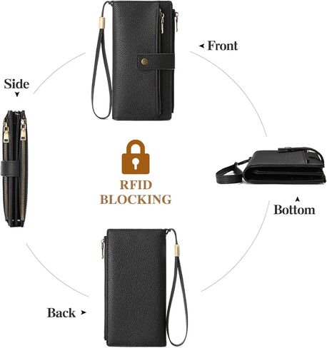 Women's Large Capacity Long Wallet Genuine Leather RFID Blocking with Zipper Pocket and Wristlet (Black) in Saudi Arabia