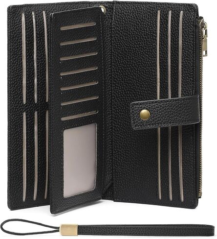 Women's Large Capacity Long Wallet Genuine Leather RFID Blocking with Zipper Pocket and Wristlet (Black) in Saudi Arabia