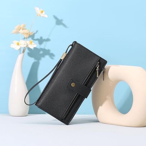 Women's Large Capacity Long Wallet Genuine Leather RFID Blocking with Zipper Pocket and Wristlet (Black) in Saudi Arabia