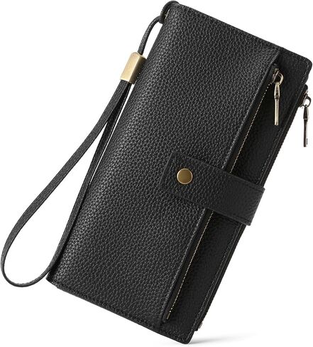 Women's Large Capacity Long Wallet Genuine Leather RFID Blocking with Zipper Pocket and Wristlet (Black) in Saudi Arabia