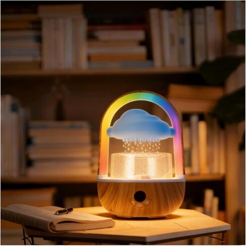 Relaxing Indoor Water Fountain with Gentle Rain Sounds, Weljoy Cloud Rainbow Rain Tabletop Fountain with Color Changing Lights, Wireless Design for Office Desk Meditation (Wood) in Kuwait