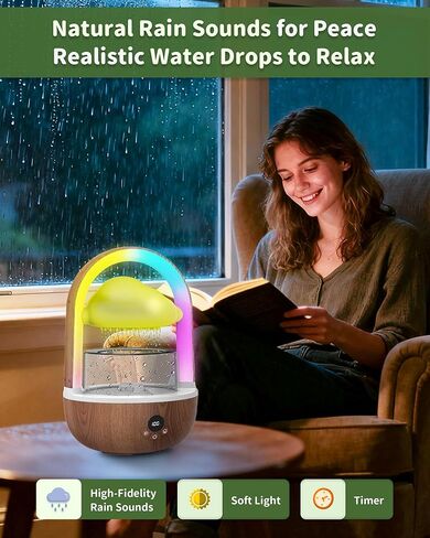 Relaxing Indoor Water Fountain with Gentle Rain Sounds, Weljoy Cloud Rainbow Rain Tabletop Fountain with Color Changing Lights, Wireless Design for Office Desk Meditation (Wood) in Kuwait