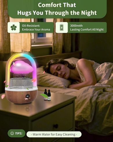 Relaxing Indoor Water Fountain with Gentle Rain Sounds, Weljoy Cloud Rainbow Rain Tabletop Fountain with Color Changing Lights, Wireless Design for Office Desk Meditation (Wood) in Kuwait