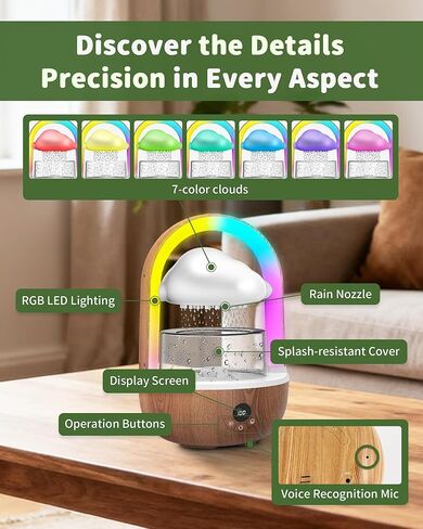 Relaxing Indoor Water Fountain with Gentle Rain Sounds, Weljoy Cloud Rainbow Rain Tabletop Fountain with Color Changing Lights, Wireless Design for Office Desk Meditation (Wood) in Kuwait