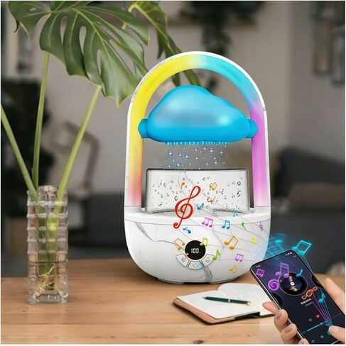 Relaxing Indoor Water Fountain with Gentle Rain Sounds, Weljoy Cloud Rainbow Rain Tabletop Fountain with Color Changing Lights, Wireless Design for Office Desk Meditation (Wood) in Kuwait