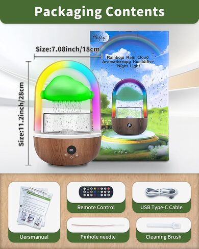 Relaxing Indoor Water Fountain with Gentle Rain Sounds, Weljoy Cloud Rainbow Rain Tabletop Fountain with Color Changing Lights, Wireless Design for Office Desk Meditation (Wood) in Kuwait