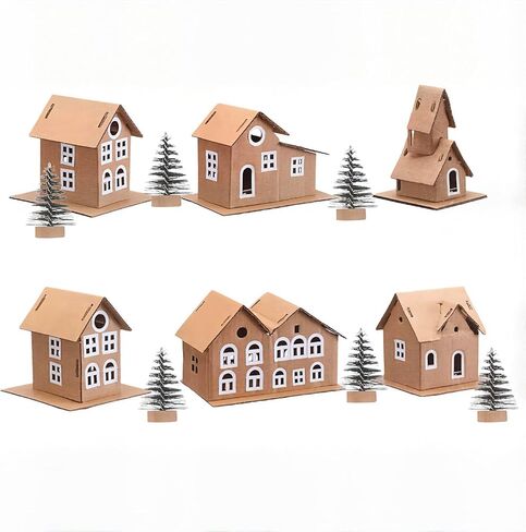 Eaasty 7 Pack 6 Set Putz Style DIY Cardboard Vintage Houses, Vintages Houses Craft Kit with Mini Christmas Tree for Christmas Craft Holiday Decorations (Vintage) in Saudi Arabia