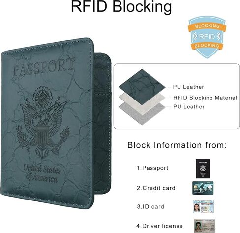 حامل جواز سفر WALNEW للسفر، محفظة غطاء جواز سفر RFID للنساء والرجال، حافظة كتاب جواز سفر من جلد البولي يوريثان مع حامل قلم وفتحة صورة شفافة (B-Darkbluegreen) in Saudi Arabia