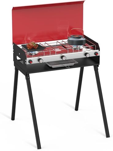 Camplux Propane Camping Stove 2 Burners & 1 Grill, Portable Outdoor Gas Stove, Auto-Ignition Camping Stove with Regulator, Total Power at 15,000 BTU in Kuwait