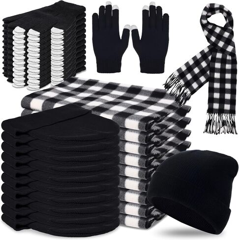 90 Pcs Hats Scarves Gloves Supplies Bulk Winter Beanie Hats Black Grey Grids Scarves Touchscreen Gloves Gift in Saudi Arabia