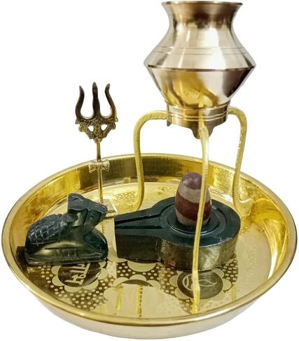 Narmadeshwar Shivling مع Jaldhara Abhishekam Set Stand Lota Trishul (مجموعة أطباق بوجا)، أسود، بني in Kuwait