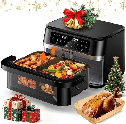 10QT Large Dual Basket Air Fryer with Viewing Window and 50pcs Paper Liners, 10-in-1 Digital Touchscreen Double Zone Air Fryers, SyncCook to Bake,Roast,Reheat,Broil, Nonstick Dishwasher Safe in Kuwait