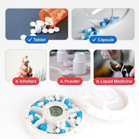 موزع حبوب الدواء الذكي VEXA VitaPal 7 مع تنبيهات التطبيق، منظم السفر المحمول والتذكيرات الصوتية القابلة للبرمجة للأجهزة اللوحية والكبسولات والفيتامينات وإدارة الأدوية in Kuwait