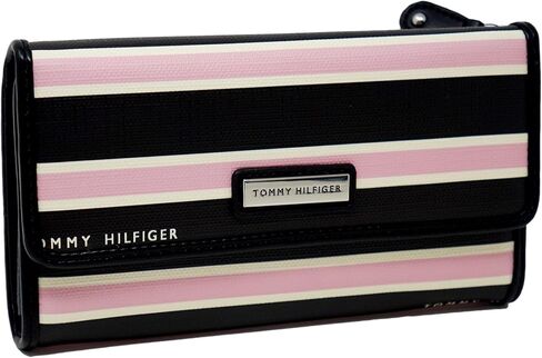 حقيبة يد نسائية من Tommy Hilfiger باللون الأسود والوردي والأبيض مخططة من القماش المطلي بشعار دفتر شيكات in Saudi Arabia