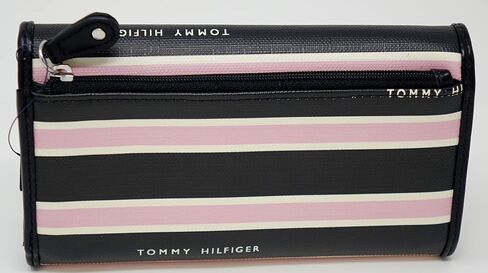 حقيبة يد نسائية من Tommy Hilfiger باللون الأسود والوردي والأبيض مخططة من القماش المطلي بشعار دفتر شيكات in Saudi Arabia