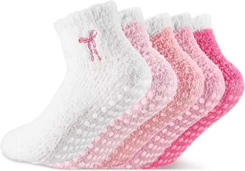 Cuffbow 5 Pairs Pink Bow Socks with Grips Fuzzy Cozy Slipper Socks Hospital Stocking for Women Warm Winter Spa Home Sleeping in Saudi Arabia