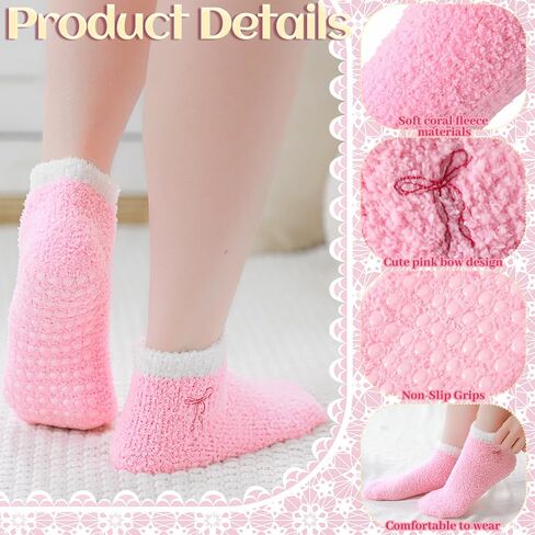 Cuffbow 5 Pairs Pink Bow Socks with Grips Fuzzy Cozy Slipper Socks Hospital Stocking for Women Warm Winter Spa Home Sleeping in Saudi Arabia