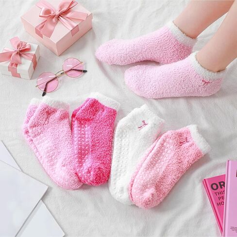 Cuffbow 5 Pairs Pink Bow Socks with Grips Fuzzy Cozy Slipper Socks Hospital Stocking for Women Warm Winter Spa Home Sleeping in Saudi Arabia