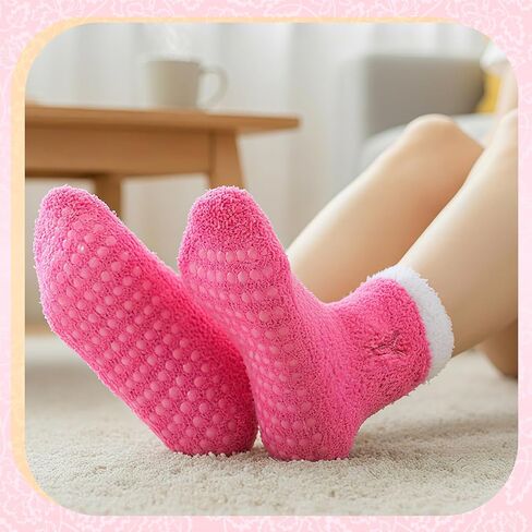 Cuffbow 5 Pairs Pink Bow Socks with Grips Fuzzy Cozy Slipper Socks Hospital Stocking for Women Warm Winter Spa Home Sleeping in Saudi Arabia